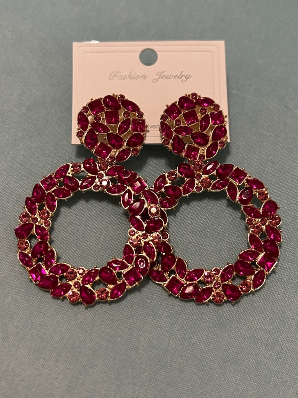 Fashion Jewelry Fuchsia Crystal Double Hoop Statement Earrings